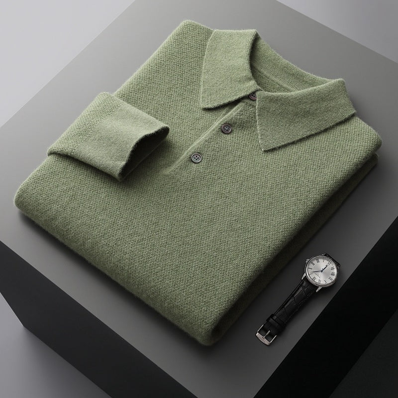 Solid Color Men's Polo Collar Thick Cashmere Sweater Loose Casual Knitted Bottoming Shirt
