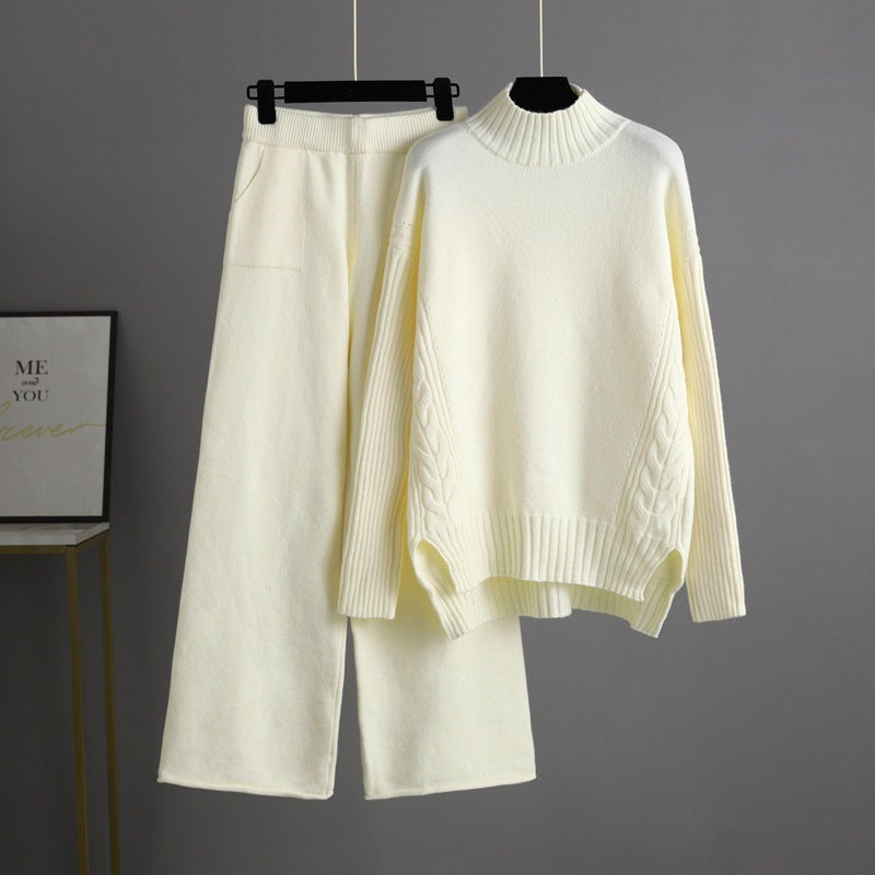 Fashionable Stylish Sweater Suit Drape Knit Wide Leg Pants Two-piece