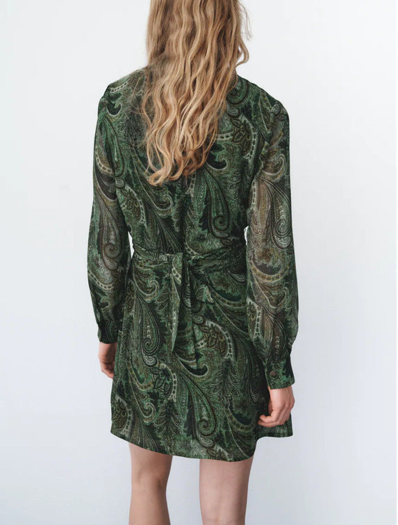 Stand Collar Thin Draped Green Print Shirt Dress