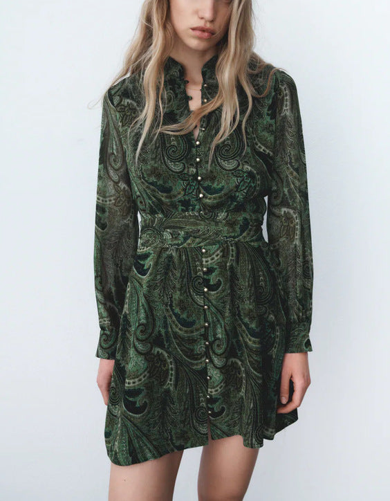 Stand Collar Thin Draped Green Print Shirt Dress