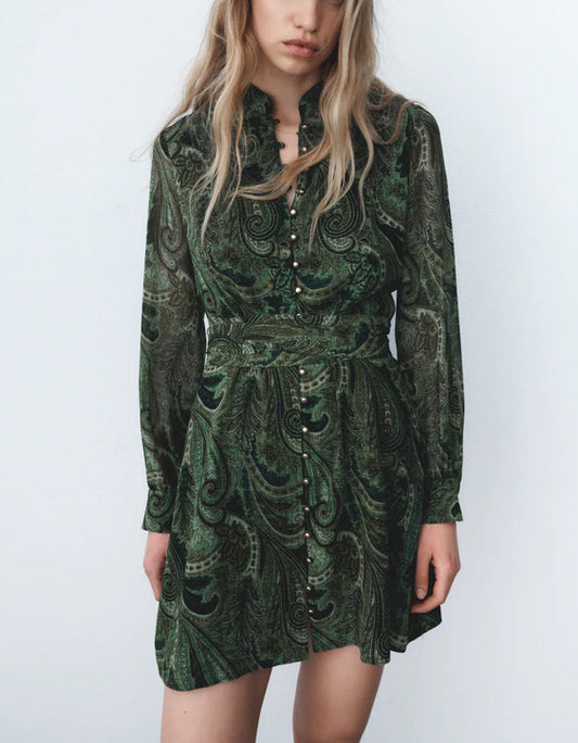 Stand Collar Thin Draped Green Print Shirt Dress