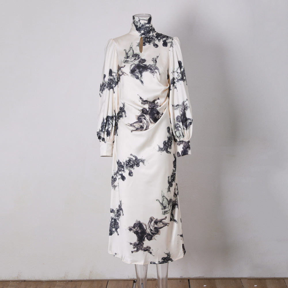 Glossy Retro Dress Women's Hollow Stand Collar
