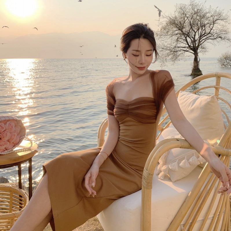 Retro Niche Knitted Stitching Mesh Halterneck Dress