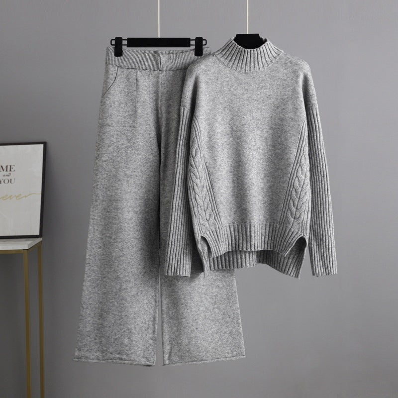 Fashionable Stylish Sweater Suit Drape Knit Wide Leg Pants Two-piece